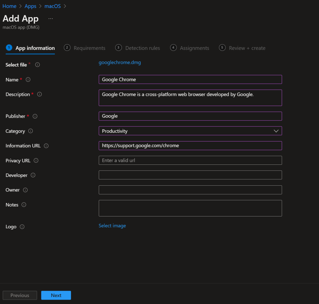 App Information fields